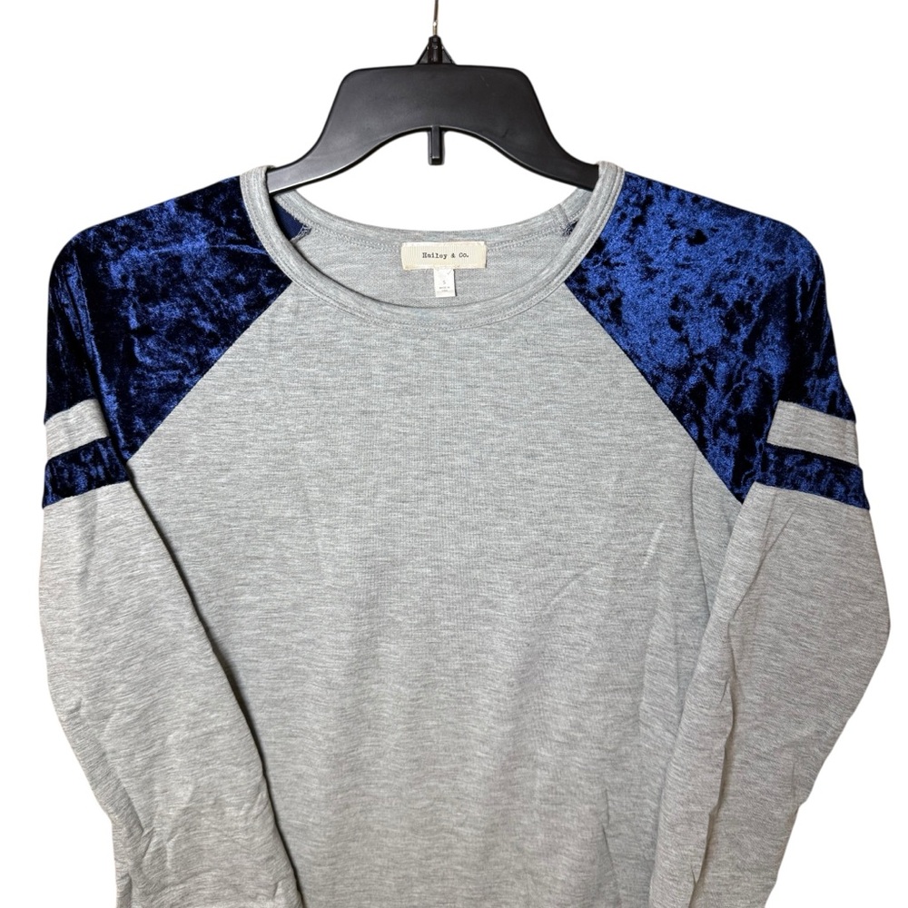 Hailey & Co. Gray w/ Navy Blue Velvet Raglan Long Sleeve Baseball Tee Super Soft - Picture 5 of 11